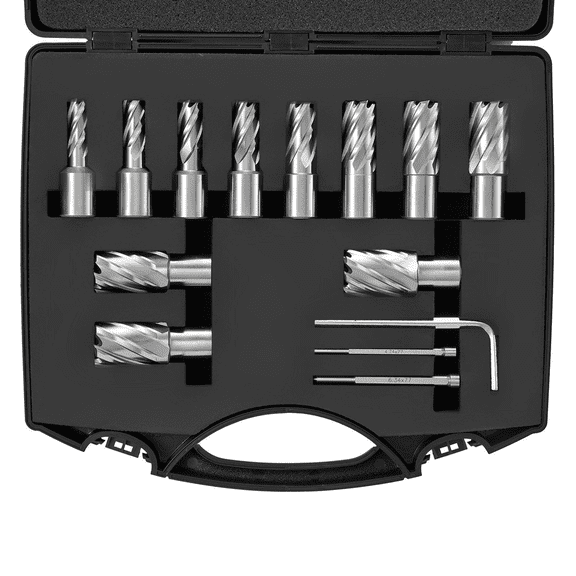 Annular Cutter Set 13pcs - Weldon Shank Mag Drill Bits 7/16" to 1-1/16", 1" Depth, M2AL HSS, with Case & Pins