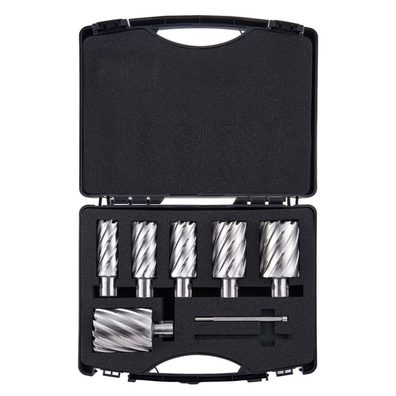 Annular Cutter Set, 6 pcs Universal Shank Mag Drill Bits, 1" to 2" Cutting Diameter, 2" Cutting Depth, M2AL High-Speed Steel, with 2 Pilot Pins and Portable Case, for Using with Magnetic Drills