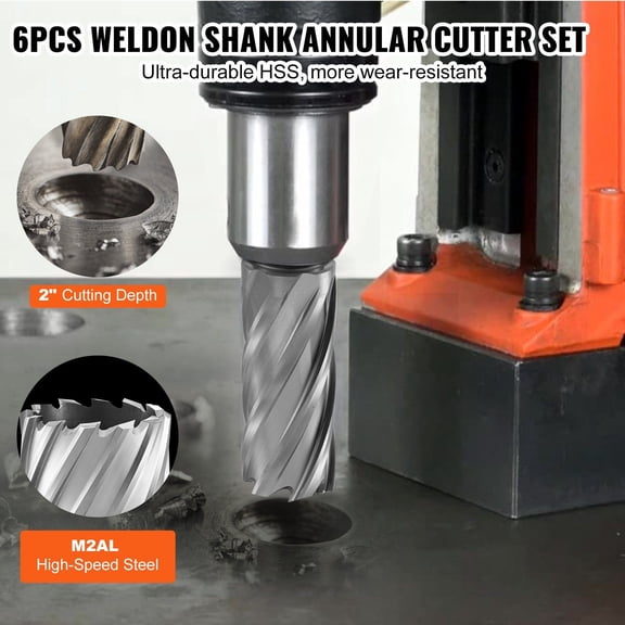 Annular Cutter Set,6 pcs Universal Shank Mag Drill Bits,1"to 2"Cutting Diameter,2"Cutting Depth,M2AL High-Speed Steel,with 2 Pilot Pins&Portable Case,for Using with Magnetic Drills