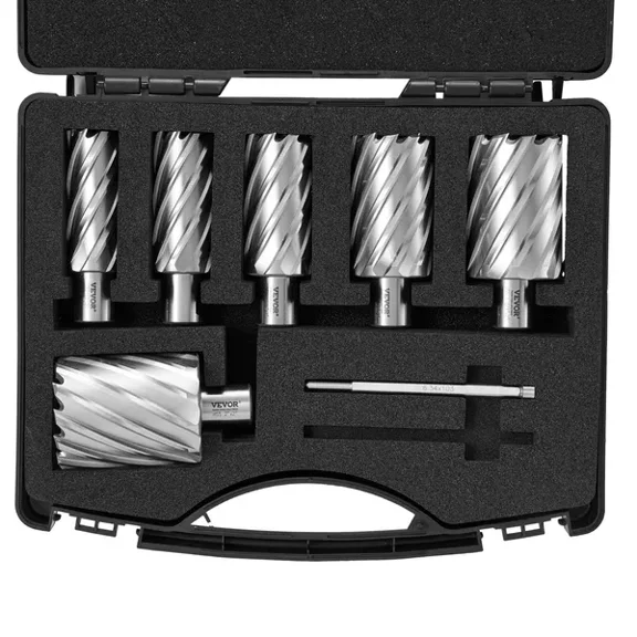 Annular Cutter Set, 6 pcs Weldon Shank Mag Drill Bits, 1" to 2" Cutting Diameter, 2" Cutting Depth, M2AL High-Speed Steel, with 2 Pilot Pins and Portable Case, for Using with Magnetic Drills