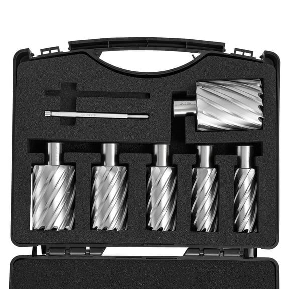 Annular Cutter Set, 6 pcs Weldon Shank Mag Drill Bits, 1" to 2" Cutting Diameter, 2" Cutting Depth, M2AL High-Speed Steel, with 2 Pilot Pins and Portable Case, for Using with Magnetic Drills