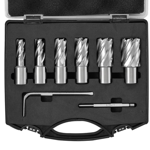 Annular Cutter Set 6pc, 1/2" to 1-1/16", M2AL Steel Weldon Shank, Magnetic Drill Bits w/ Case & Pin