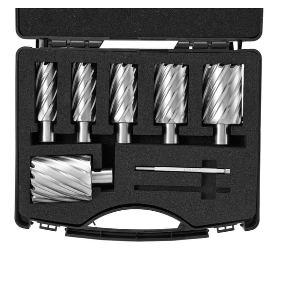 Annular Cutter Set 6pcs, 1-2" Mag Drill Bits, M2AL Steel, 2" Depth, Weldon Shank, with Case & Pilot Pins