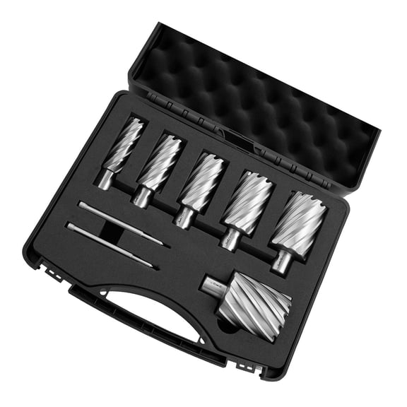 Annular Cutter Set 8 Pcs, Weldon Shank Mag Drill Bits Kit, 2" Cutting Depth 7/8"-2" Diameter, HSS 6 Drill Bits with 2 Pilot Pins, Plastic Case for magnetism Drills Steel Aluminum