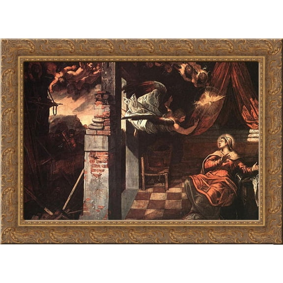 Annunciation 24x19 Gold Ornate Wood Framed Canvas Art by Tintoretto, Jacopo Robusti