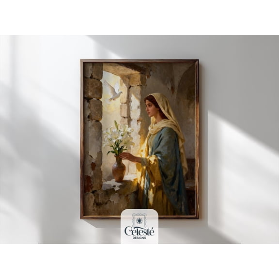 Annunciation Wall Art, Virgin Mary And Dove, Easter Lilies Religious Decor, High-Quality Christian Print, Holy Spirit Art #2420, Unframed Canvas Size 8x12