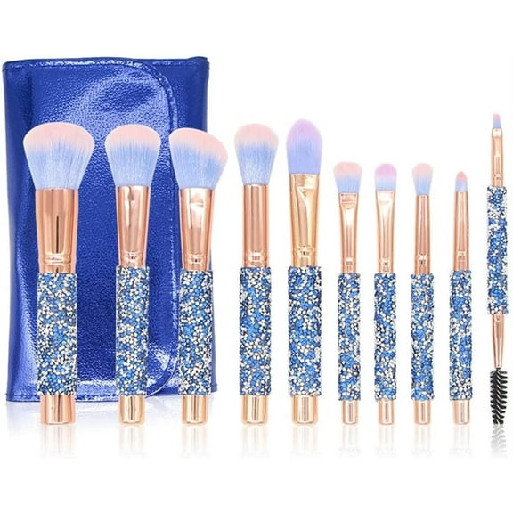 Annuodi 10pcs Diamond Makeup Brushes Set Glitter Shiny Crystal Brush with PU Bag Foundation Blush Kit