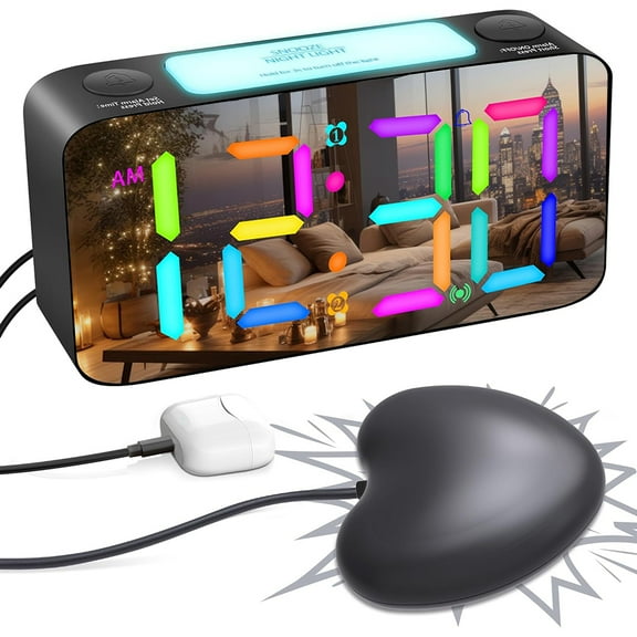 Annvch Extra Loud RGB Alarm Clock for Heavy Sleeper Hearing Impaired Deaf Bedroom, Rainbow Vibrating Dual Alarm with Bed Shaker,7-Color Night Light,USB Charger,Power-Off Memory