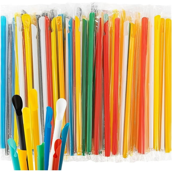 Annvchi 60 PCS Snow Cone Spoon Straws - Slushie Straws with Spoon Plastic Disposable Individually Wrapped Colorful for Smoothie Milkshake Snow Cone Cups