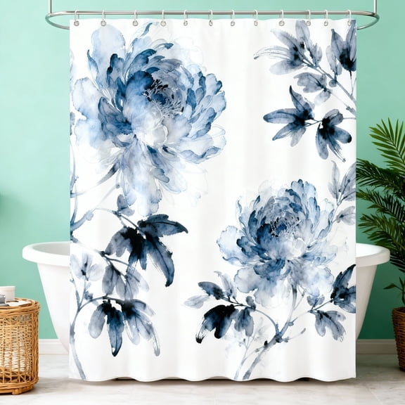 Annvchi Blue and Grey Boho Watercolor Floral Shower Curtain, Ink Painting Style Blossom & Leaf Shower Curtains for Chic Elegant Bathroom, Artistic Fabric Cloth Flower Shower Curtain, 72x72