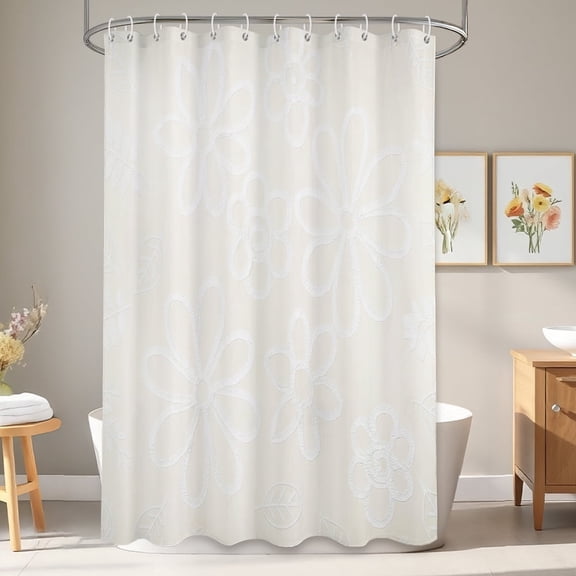 Annvchi Embroidered Floral Shower Curtain, 72 x 72 Inch Fabric Bathroom Curtain with 12 Hooks, Ivory White Elegant Design