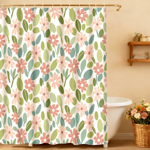 Annvchi Floral Shower Curtain, Watercolor Pink Flower and Green Leaf Pattern, Waterproof Polyester Bathroom Curtain 72" x 72" with Hooks