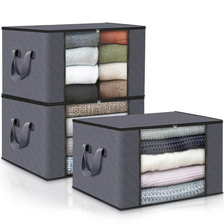 Annvchi Large Storage Bags 90L, 3 Pack Clothes Storage Bins Foldable Closet Organizers Storage Containers with Durable Handle for Clothing, Blanket, Comforters, Bed Sheets, Pillows and Toys (Gray)