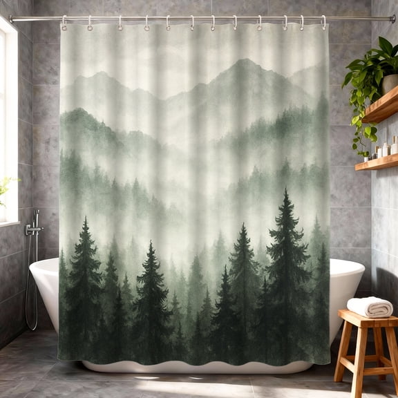 Annvchi Misty Mountain Forest Wall Art Print,Curtain 72x72 inch Neutral Watercolor Landscape with Evergreen Trees for Living Room, Bedroom & Office Decor with 12 Hooks