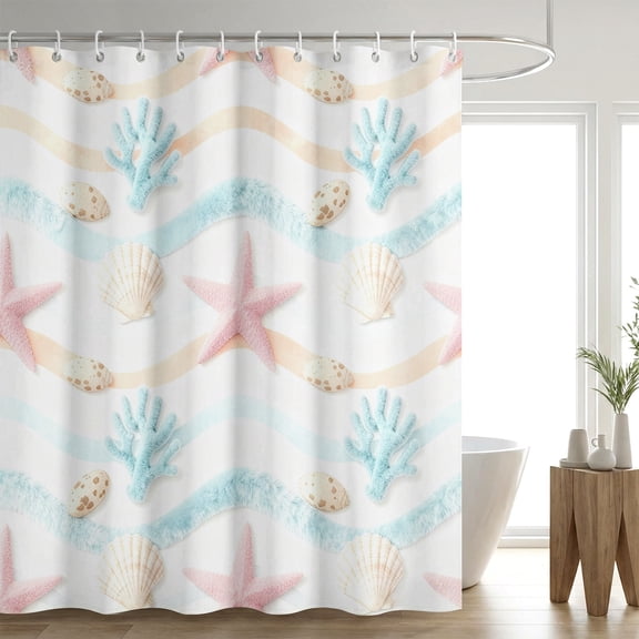 Annvchi Pastel Ocean Shower Curtain 72x72 Inch, Starfish Shell Coral Wave Design with 12 Hooks, Waterproof Fabric Bathroom Decor