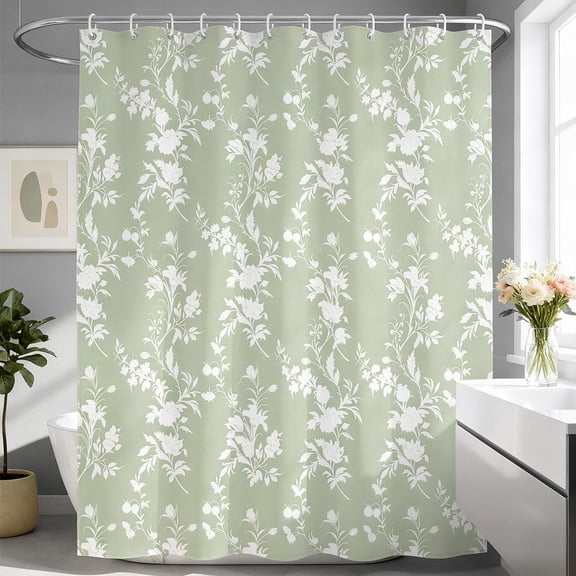 Annvchi Sage Green Floral Shower Curtain, 72 x 72 Inch Fabric Bathroom Curtain with Vintage Botanical Pattern and 12 Hooks