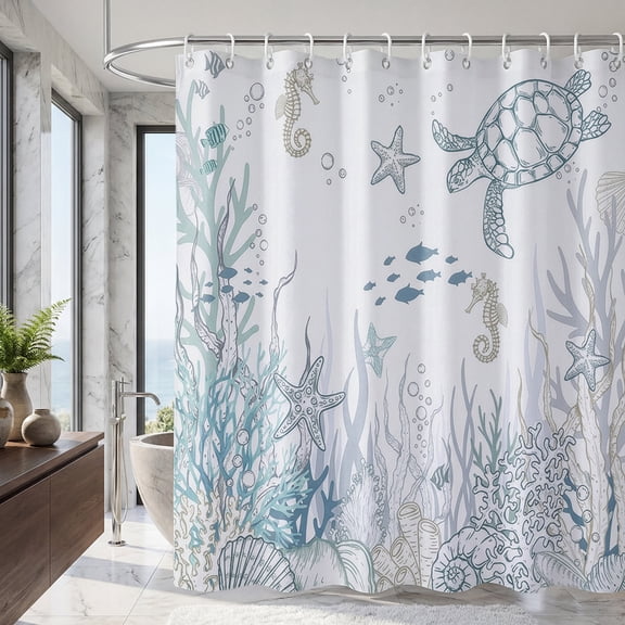 Annvchi Sea Turtle & Seahorse Ocean Shower Curtain, 72 x 72 Inch Underwater Line Art Bathroom Curtain with Coral Reef Design, Includes 12 Hooks