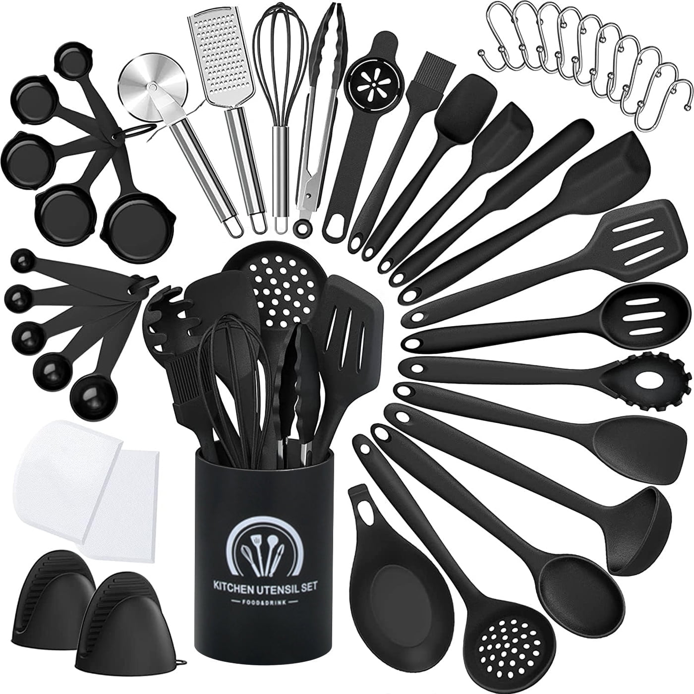 43-Piece Black Silicone Cooking Utensils Set with Stainless Steel Handles