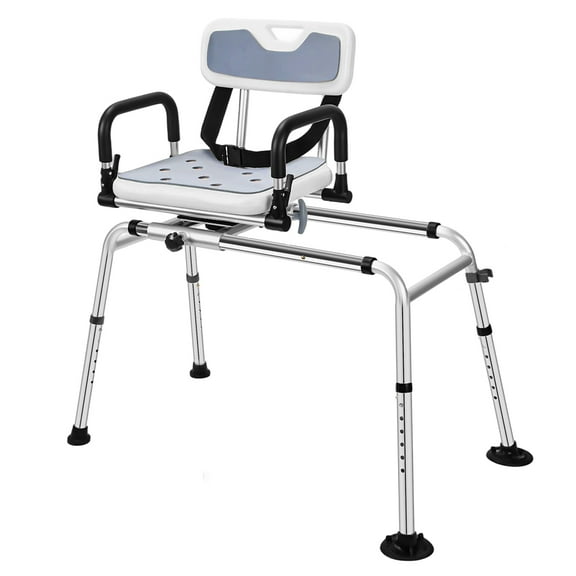 Annvchi Sliding Shower Chair with 360° Swivel Seat, 12-Level Tub Transfer Bench with Pivoting Arms for Elderly & Disabled, Bathtub Chair with 330 lb. Weight Capacity Drainage Holes Safety Belt