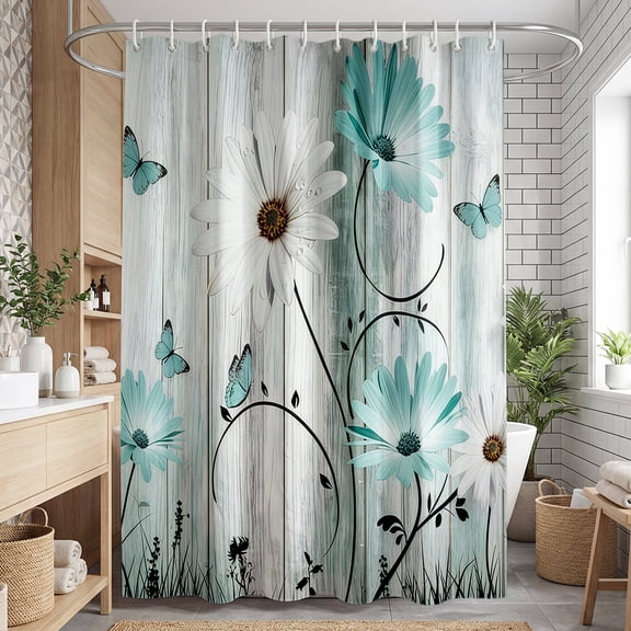 Annvchi Teal and Daisy Shower Curtains, Watercolor Rustic Floral Waterproof Fabric Wildflower Bathroom Shower Curtain with 12 Hooks,72 x 72 Inch,White Blue Butterfly Farmhouse Shower Curtain,180x180