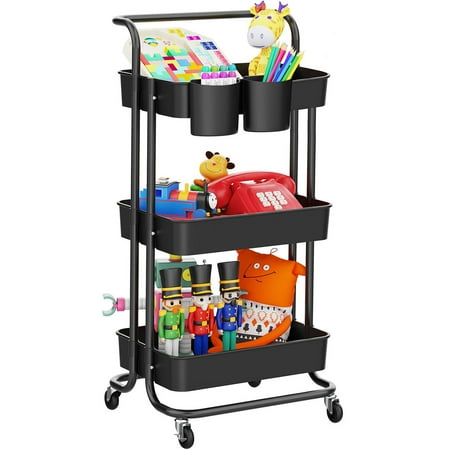 Annvchi Utility Rolling Cart with Wheels3-Tier, Multi-Functional Storage Trolley, Storage Organizer Cart, with Handle Multifunctional Storage Shelves for Kitchen Living Room Office Black