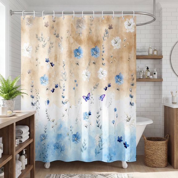 Annvchi Watercolor Floral Shower Curtain, Flowers Print Minimalist Bathroom Curtain, Machine Washable Spring Modern Shower Curtains, Waterproof Fabric Shower Curtain Set with Hooks, 72 x 72, Beige