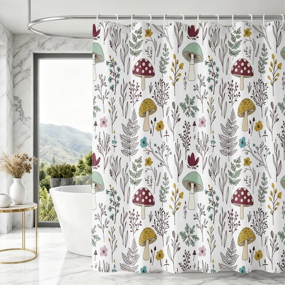 Annvchi Woodland Mushroom Shower Curtain, 72 x 72 Inch Forest Botanical Bathroom Curtain with Hand-Drawn Fungi and Plants, Includes 12 Hooks