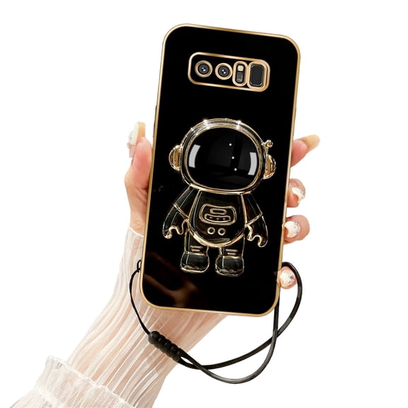 Annyojo for Samsung Galaxy Note 8 Case with 6D Plating Astronaut Hidden Stand and Lanyard Strap Soft TPU Shockproof Protective Cover Luxury Phone Case for Galaxy Note 8 - Black