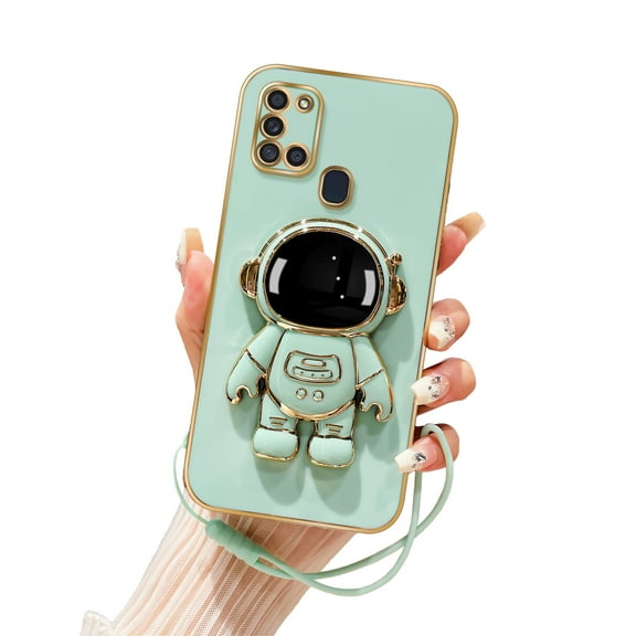 Annyojo for Samsung Galaxy A21s Case 6D Astronaut Case with Stand Function,with Lanyard Luxury Plating Case Cover for Galaxy A21s Phone Case, Cyan