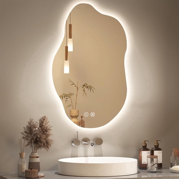 Anoak LED Bathroom Mirror with Lights, 20"x 33" Asymmetrical Cloud Lighted Anti-fog Vanity Mirror for Wall, 3 Colors Dimmable Memory Function
