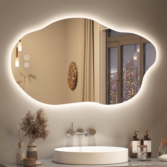 Anoak LED Bathroom Mirror with Lights, 20"x 33" Asymmetrical Cloud Lighted Anti-fog Vanity Mirror for Wall, 3 Colors Dimmable Memory Function, Horizontal/Vertical