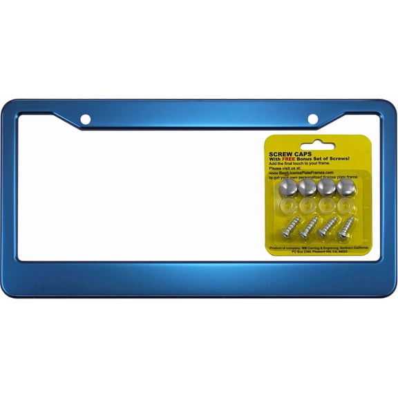 Anodized Aluminum CAR License Plate Frame with mounting Hardware - Blue Frame with Chrome caps