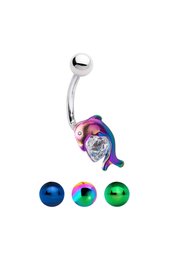Anodized Titanium Dolphin Belly Ring with Clear Heart CZ Gem