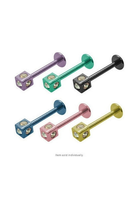 Anodized Titanium Labret Monroe 14G Lip Jewelry with Jeweled Square - 6 Colors
