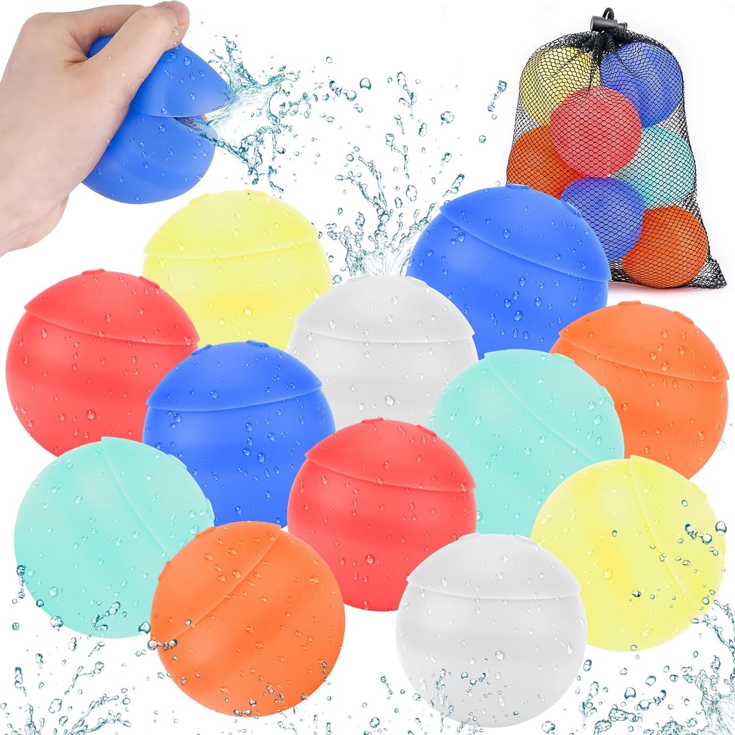 Anofty 12PCS Water Balloons, Reusable Water Balloons Quick Fill 1000+ Times Outdoor Games for Kids, Adults and Family, Refillable Water Balloons Outdoor Kids Water Games Toys for Swimming Pool Party