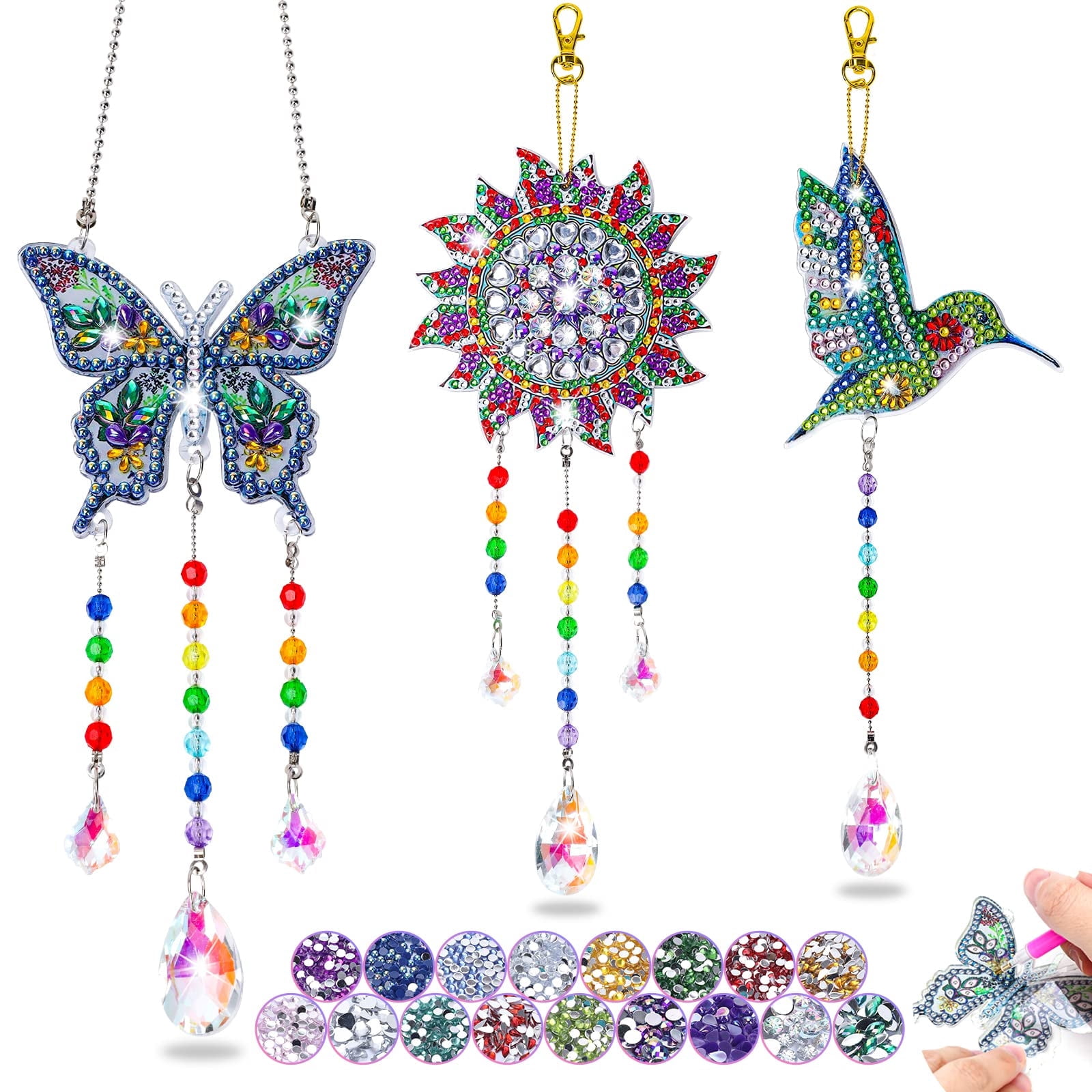 Anofty DIY Creative Diamond Painting Gift Kit for Girls Aged 6-12, 3Pcs Diamond Painting Suncatcher Wind Chimes Hanging Ornament for Garden Window and Balcony, Butterfly+Sun+Hummingbird