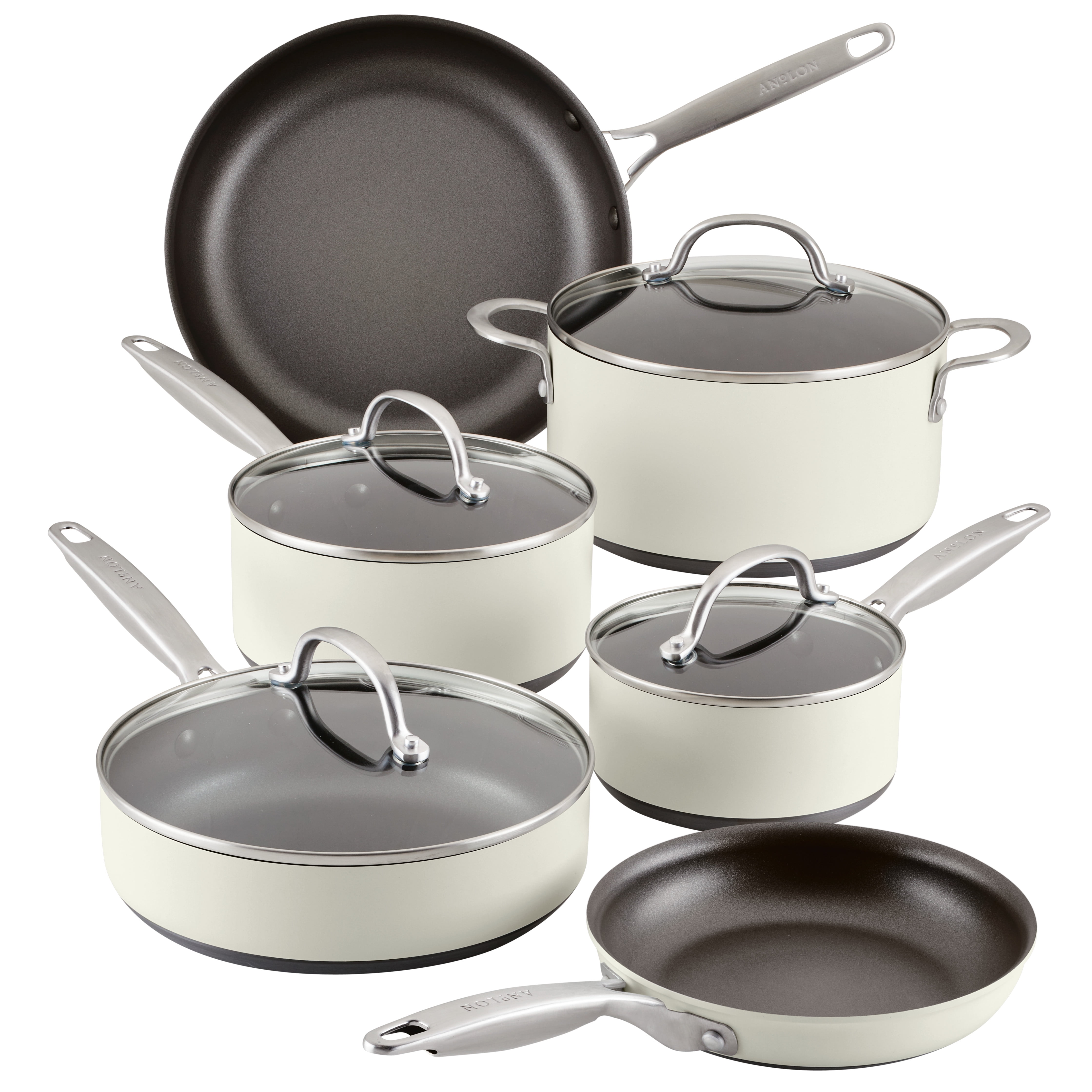 Cream Aluminum Nonstick 10-Piece Cookware Set with Glass Lids