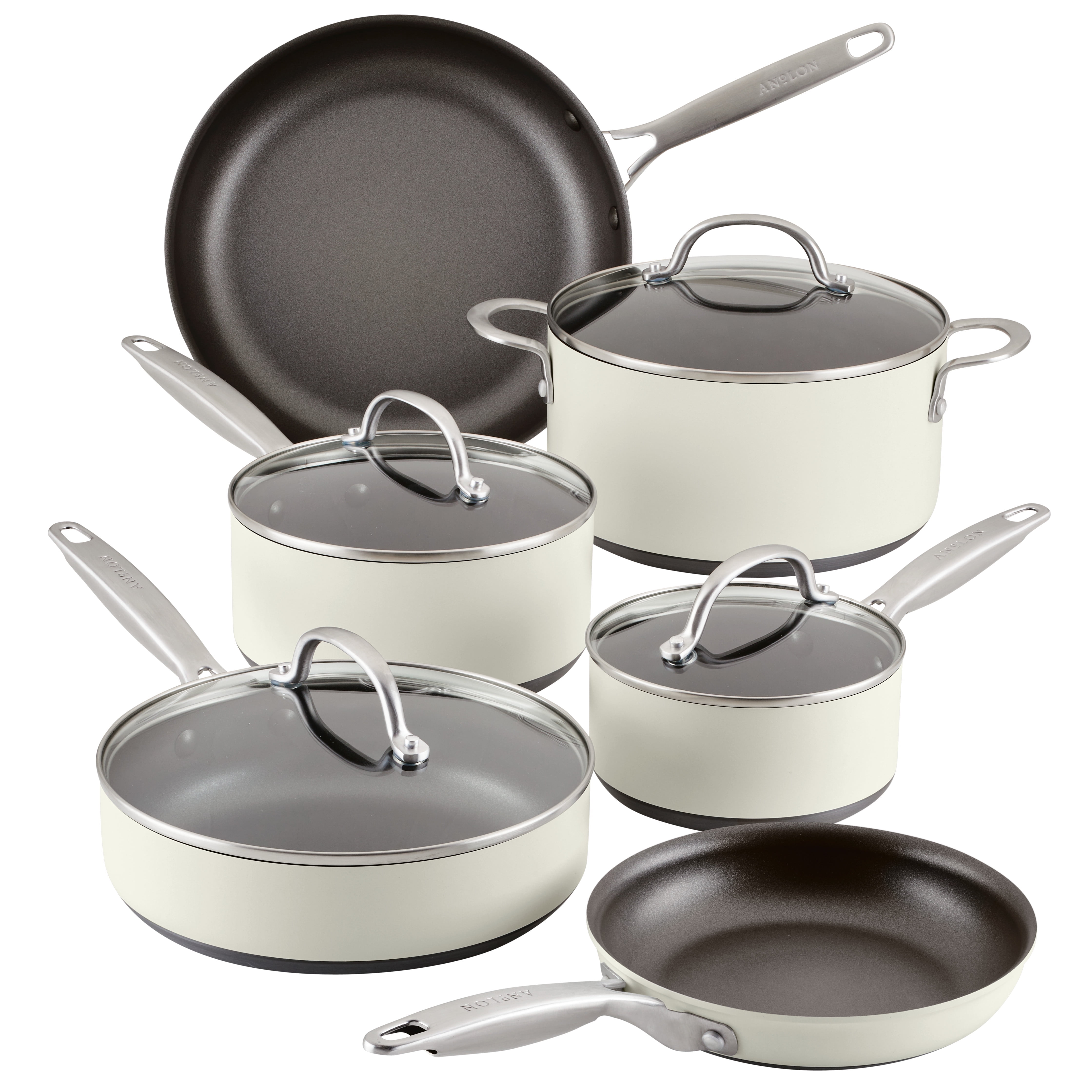 Cream Aluminum Nonstick 10-Piece Cookware Set with Glass Lids