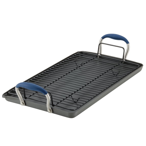 Anolon Advanced Hard Anodized Nonstick Double Burner Griddle with Roasting Rack, 2-Piece, Indigo