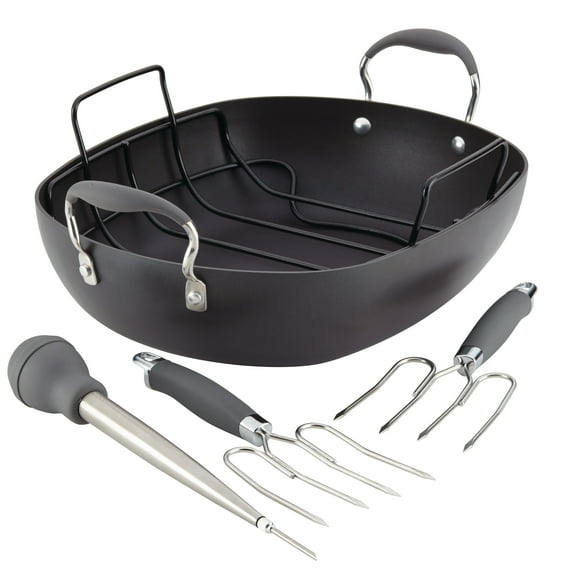 Anolon Advanced Hard-Anodized Nonstick Oval Roaster Set with Utensils, 16-Inch x 13-Inch, Graphite