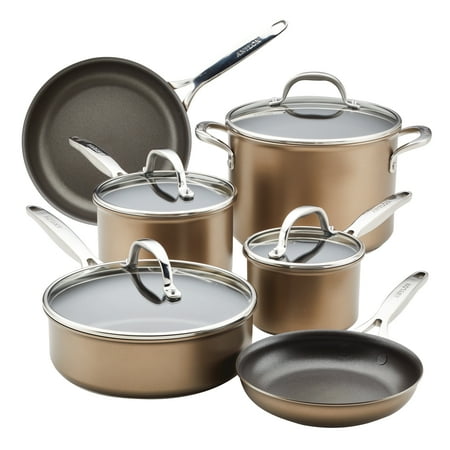 Anolon Ascend 10 Piece Hard Anodized Nonstick Kitchen Cookware Pots and Pans Set, Bronze