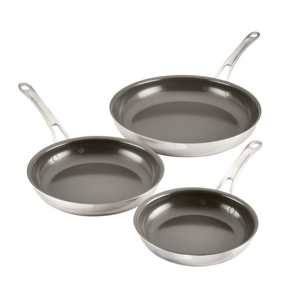 Anolon EverLast Ceramic Nonstick Frying Pan Set, Clad Induction Cookware, 8.5", 10" and 12.25", Stainless Steel
