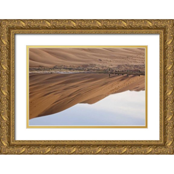 Anon, Ellen 24x17 Gold Ornate Wood Framed with Double Matting Museum Art Print Titled - China, Badain Jaran Dune and trees by a lake