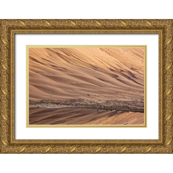 Anon, Ellen 32x23 Gold Ornate Wood Framed with Double Matting Museum Art Print Titled - China, Badain Jaran Dune and trees by a lake