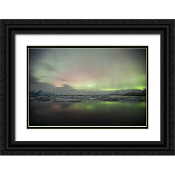 Anon, Josh 32x23 Black Ornate Wood Framed with Double Matting Museum Art Print Titled - Iceland, Jokulsarlon Aurora lights over a lagoon