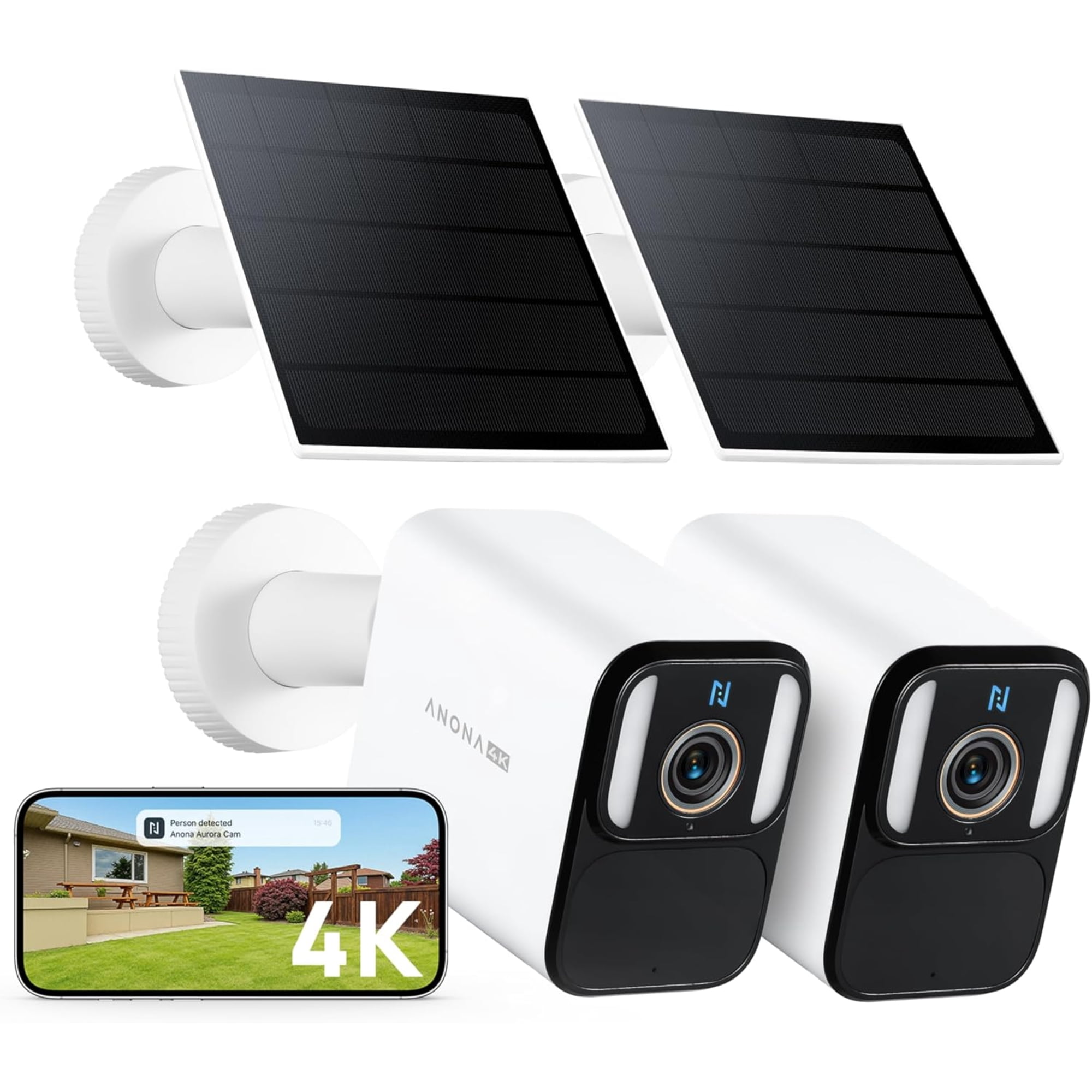 Anona HM1009-02 4k Solar Security Cameras Wireless Outdoor - 8mp Color Night Vision, 24/7 Aov Recording - 2pack