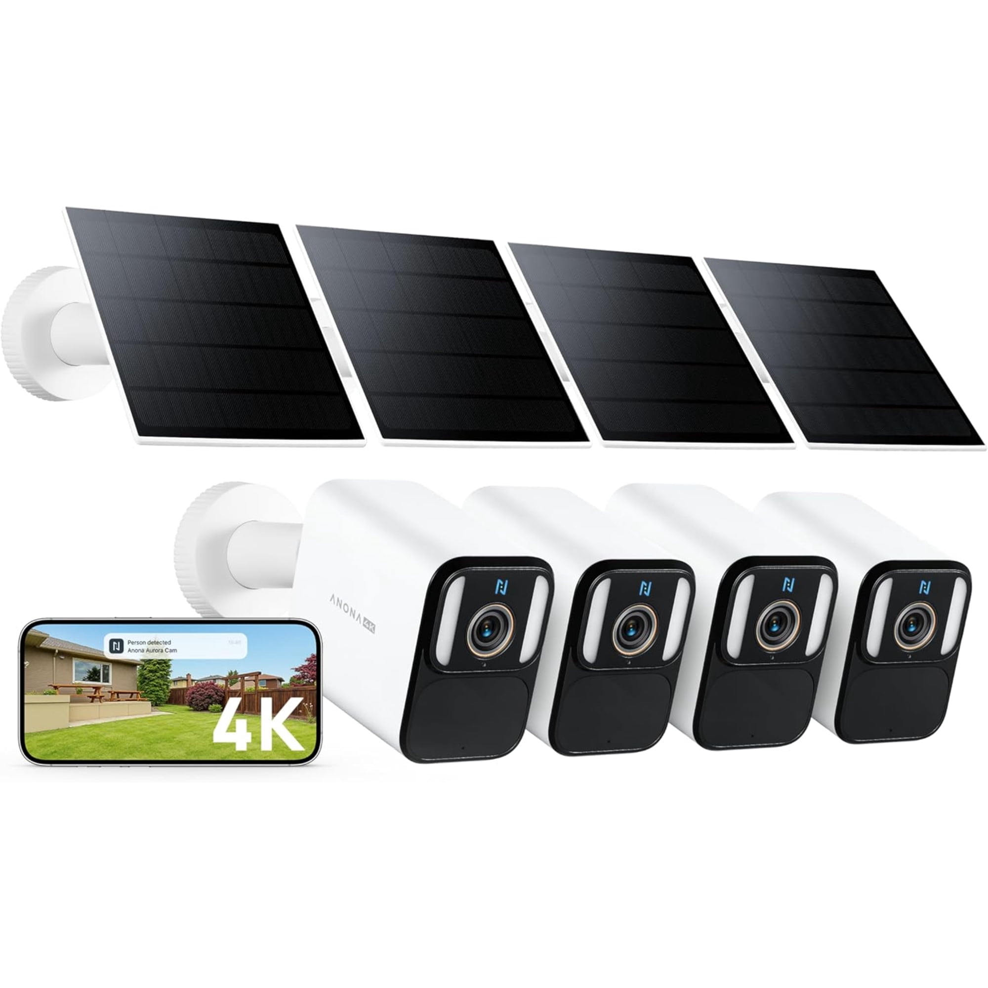Anona HM1009-04 4k Solar Security Cameras Wireless Outdoor - 8mp Color Night Vision, 24/7 Aov Recording - 4pack