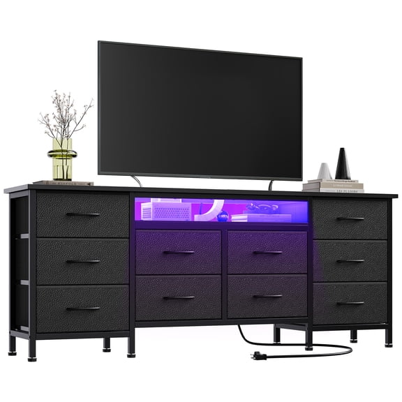 Anoncndin 10 Drawer Long Black Dresser with LED Lights & Power Outlet – Modern Wide Storage Chest & TV Stand – Heavy-Duty Metal Frame – Fits Up to 75 Inch TVs – Black