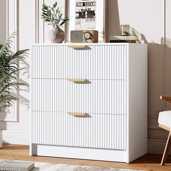 Anoncndin 3 Drawer Dresser for Bedroom - 30" Tall Nightstand Vertical Modern Fluted Chest of Drawers with Golden Metal Handles, Multi-Function Home Organizer for Living Room, Entryway, Hallway