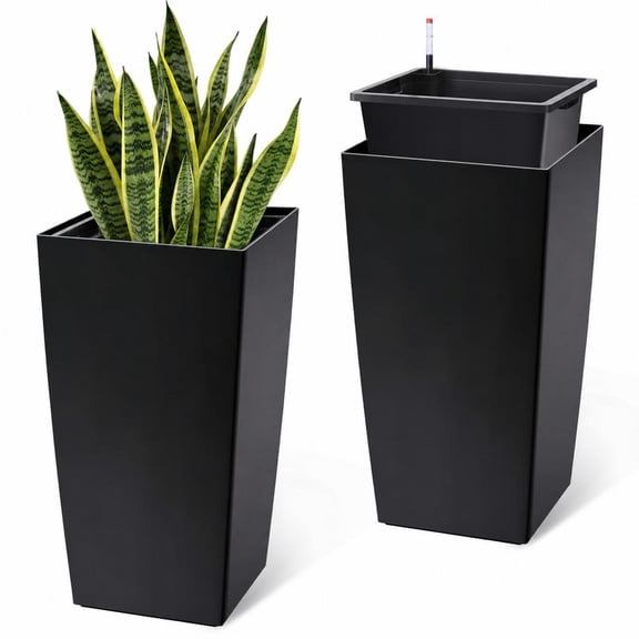 Anoncndin 30" Tall Planters Set of 2, Planter Pots Outdoor＆Indoor, Front Porch Planter Pots with Drainage Holes & Water Level Monitor & Inner Bucket, Black